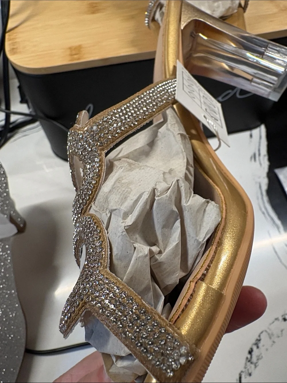 J. Adams Gold Crystal Snake Slide Heels